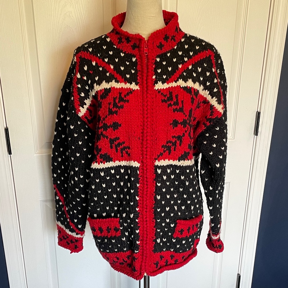 Vintage Unbranded Handmade Chunky Red & Black Zip-Up Wool Sweater Cardigan Sz M